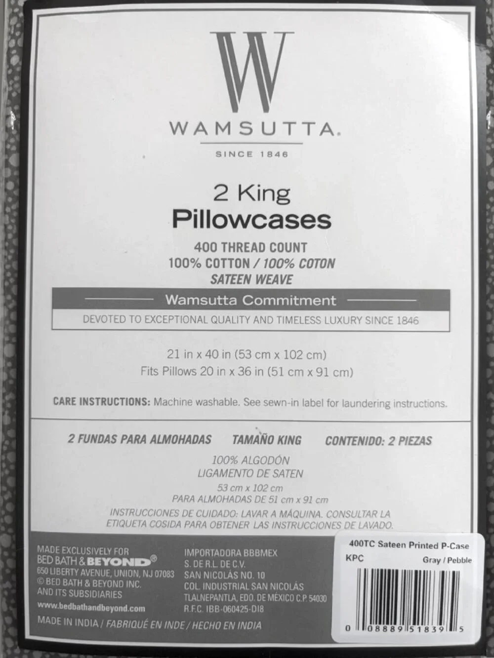GRAY PEBBLE PATTERN Wamsutta 400 TC 100% Cotton Sateen King Pillowcases NEW
